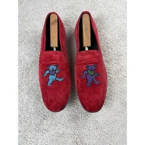 Mary Anthony Mens Red Velvet Grateful Dead Dancing Bear Loafers Smoking Slippers